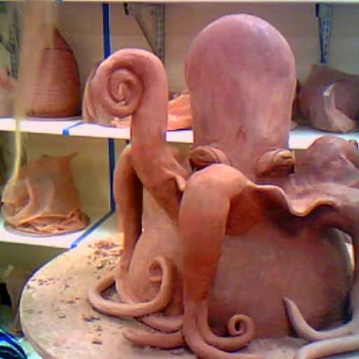 unfinished octopus sculpture, bad webcam photo.